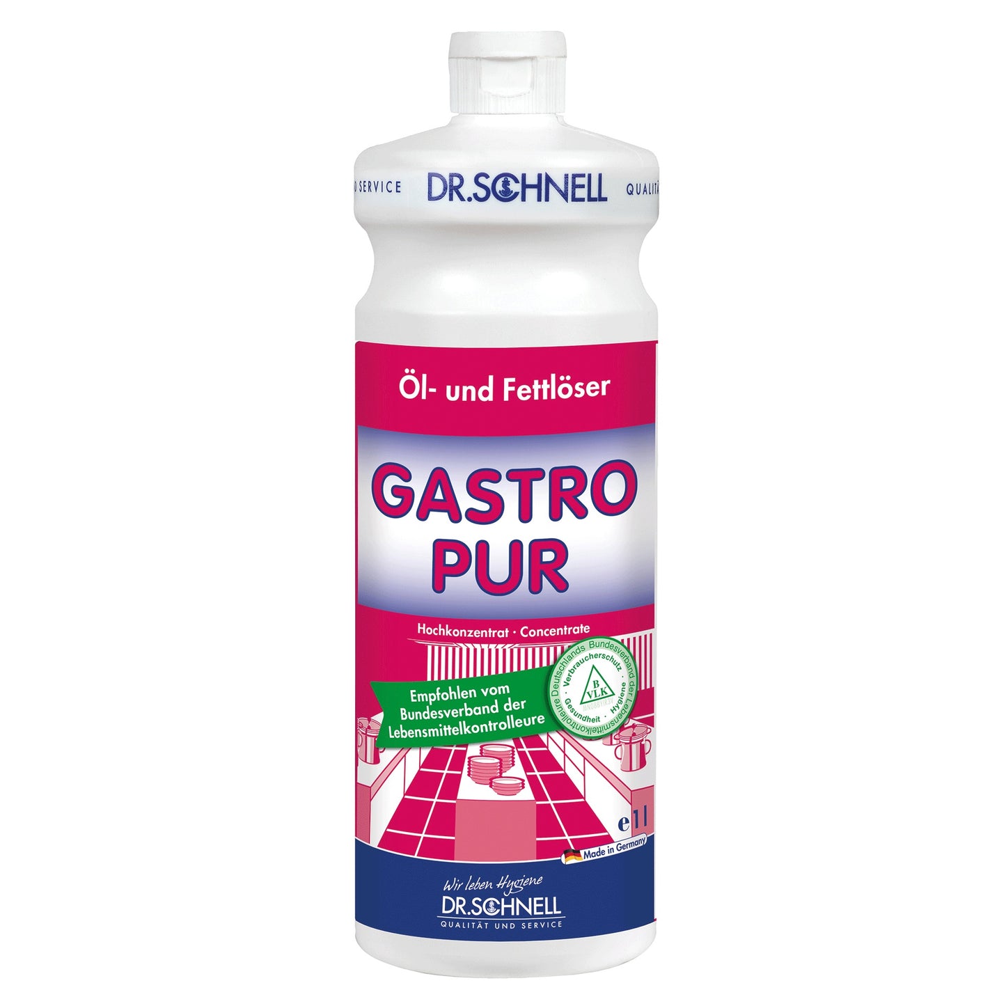 Dr Schnell Gastro Pur kitchen hygiene concentrated grease and oil remover bottle 1x1 litre